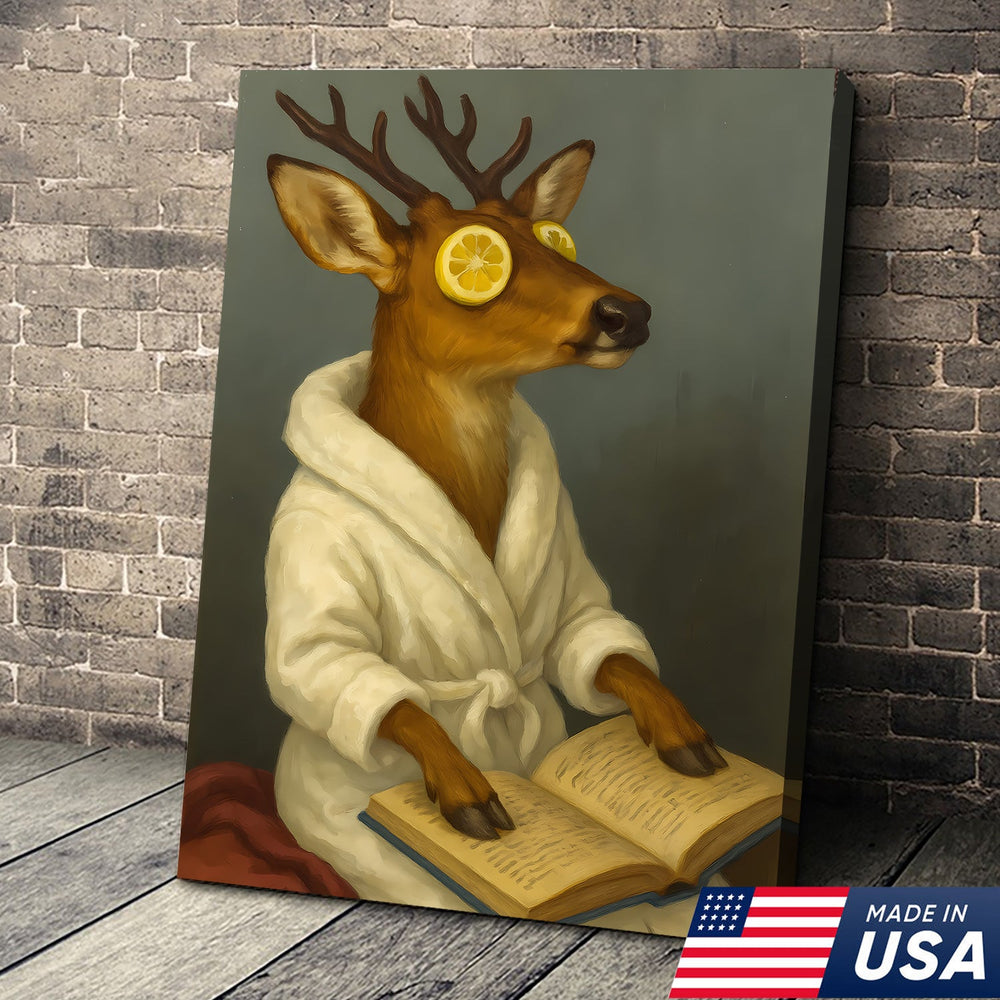 Funny Deer Spa Portrait Wall Art – Relaxing Deer With Lemon Eyes, Whimsical Animal Painting