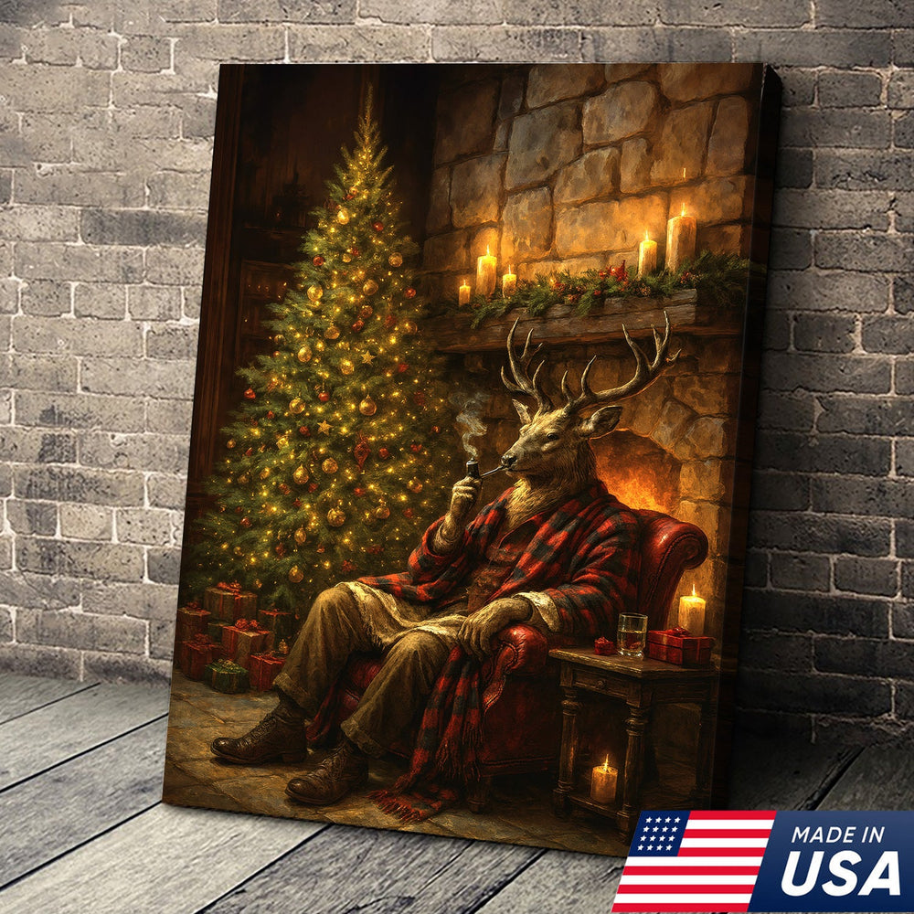 Christmas Deer Smoking Pipe Canvas - Cozy Cabin Wall Decor, Rustic Holiday Artwork