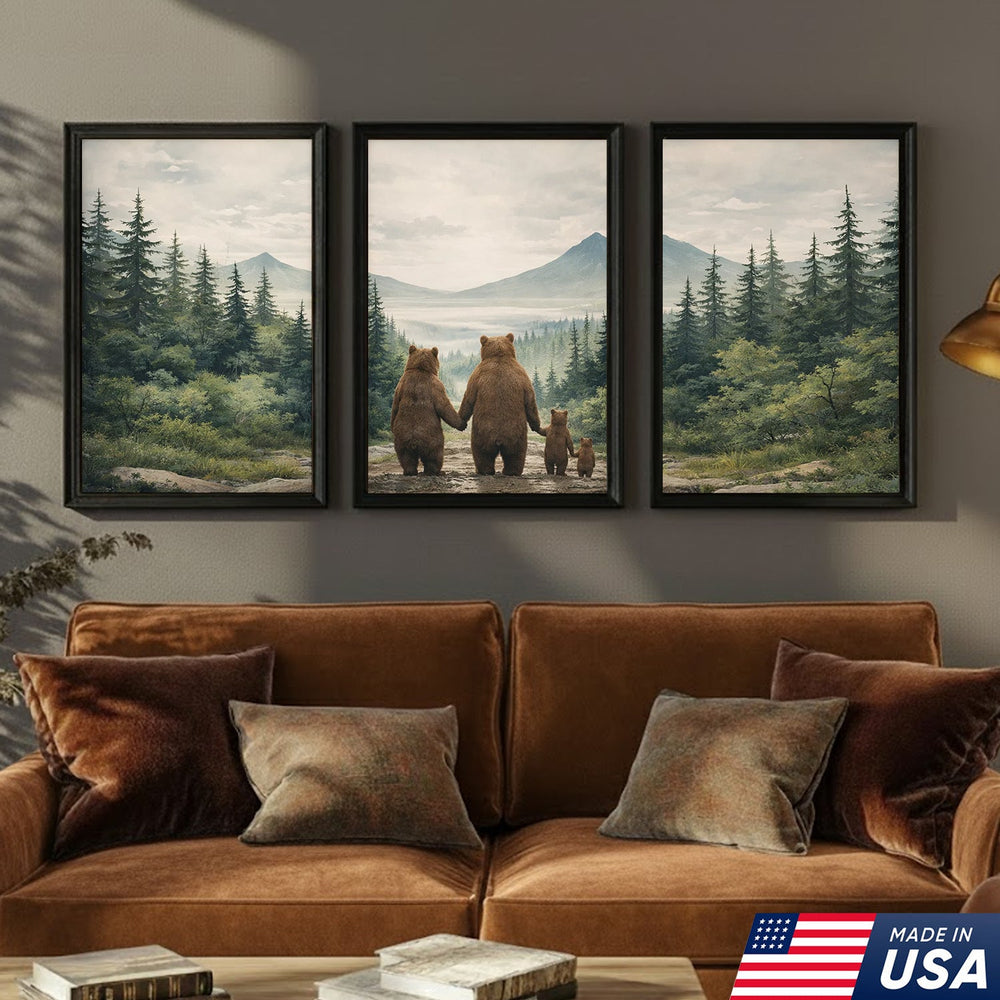 Bear Family Forest Triptych Canvas Wall Art Set, Peaceful Wildlife Landscape with Cubs