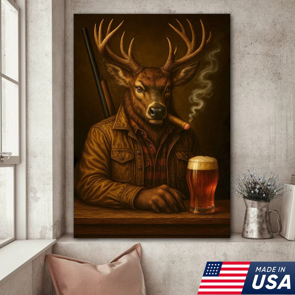 Majestic Deer Canvas Wall Art – Surreal Hunter Portrait with Beer Glass, Bold Rustic Decor