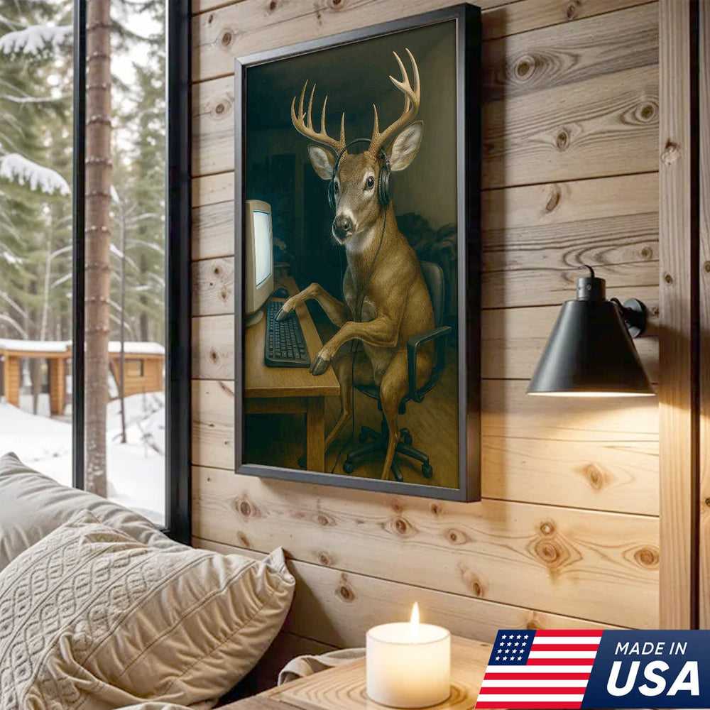 Gaming Deer Canvas Wall Art, Funny Headphone Buck at Computer