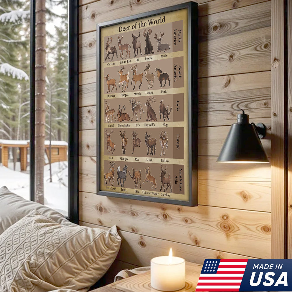 Deer of the World Canvas, Deer Species Educational Chart Wall Art, Kids Classroom & Wildlife Decor