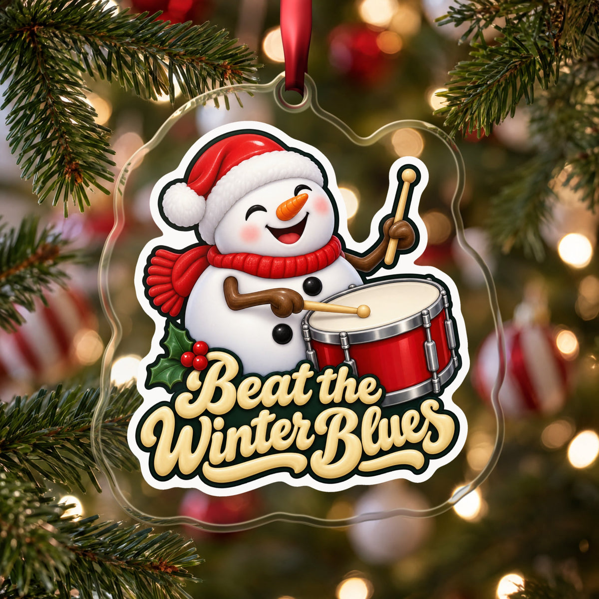 Beat the Winter Blues Snowman Drummer Christmas Ornament