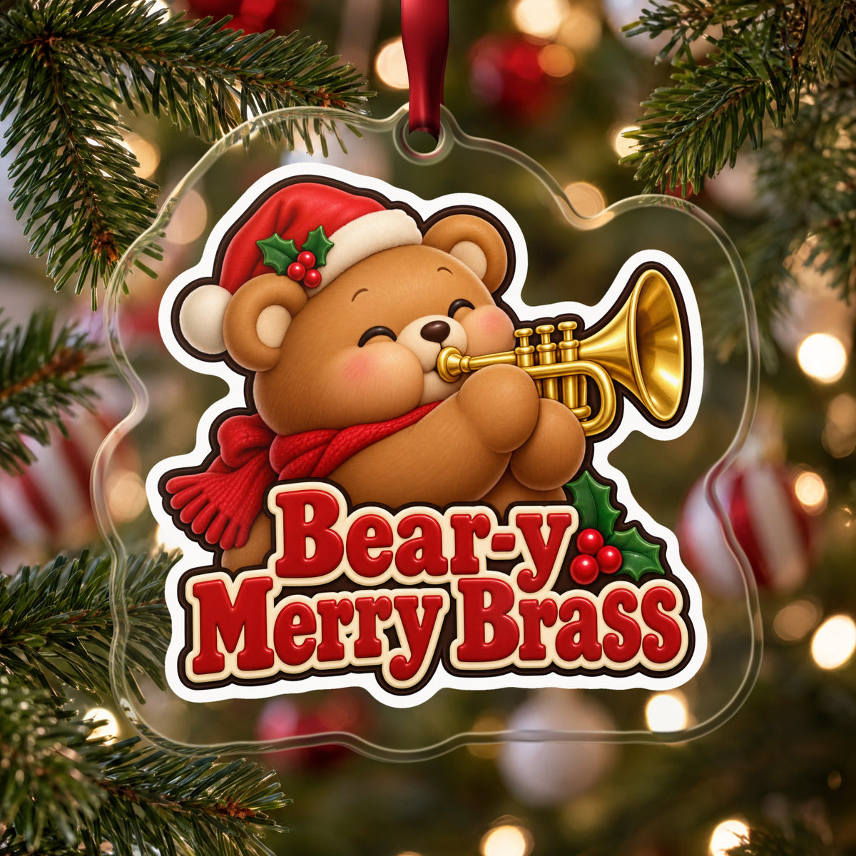 Bear-y Merry Brass Teddy Bear Trumpet Christmas Ornament