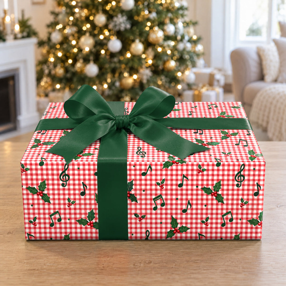 Red Gingham Music Note Wrapping Paper