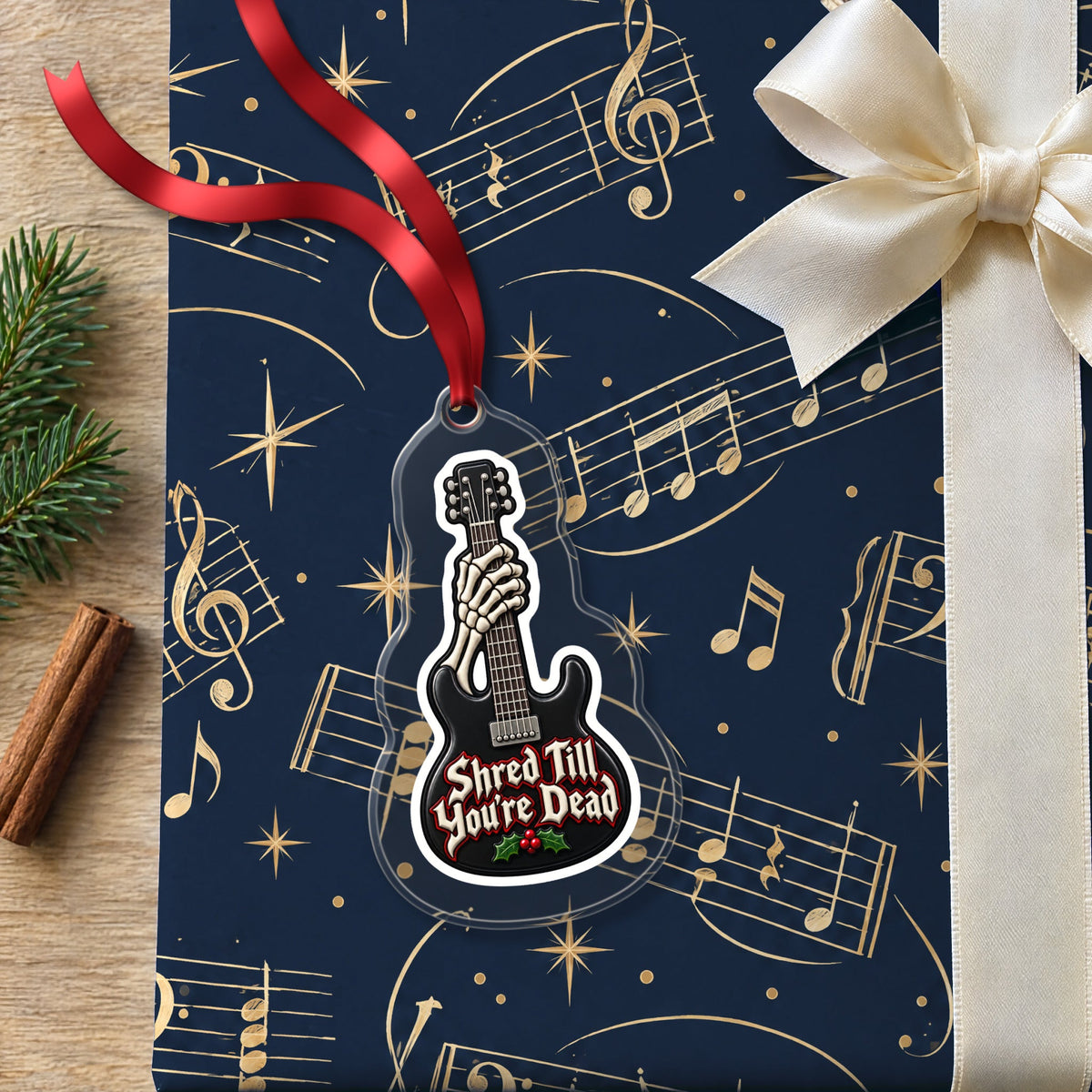 Shred Till You're Dead Skeleton Guitar Christmas Ornament