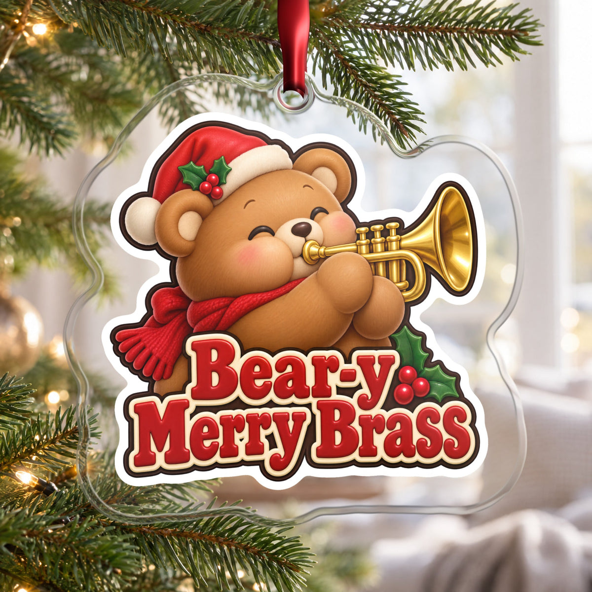 Bear-y Merry Brass Teddy Bear Trumpet Christmas Ornament