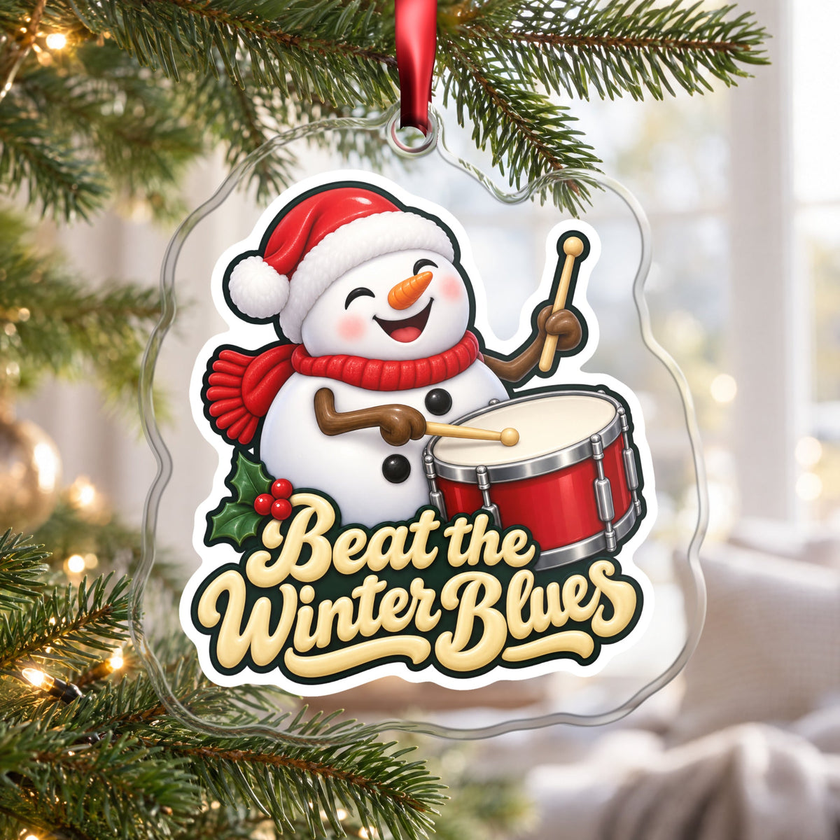 Beat the Winter Blues Snowman Drummer Christmas Ornament