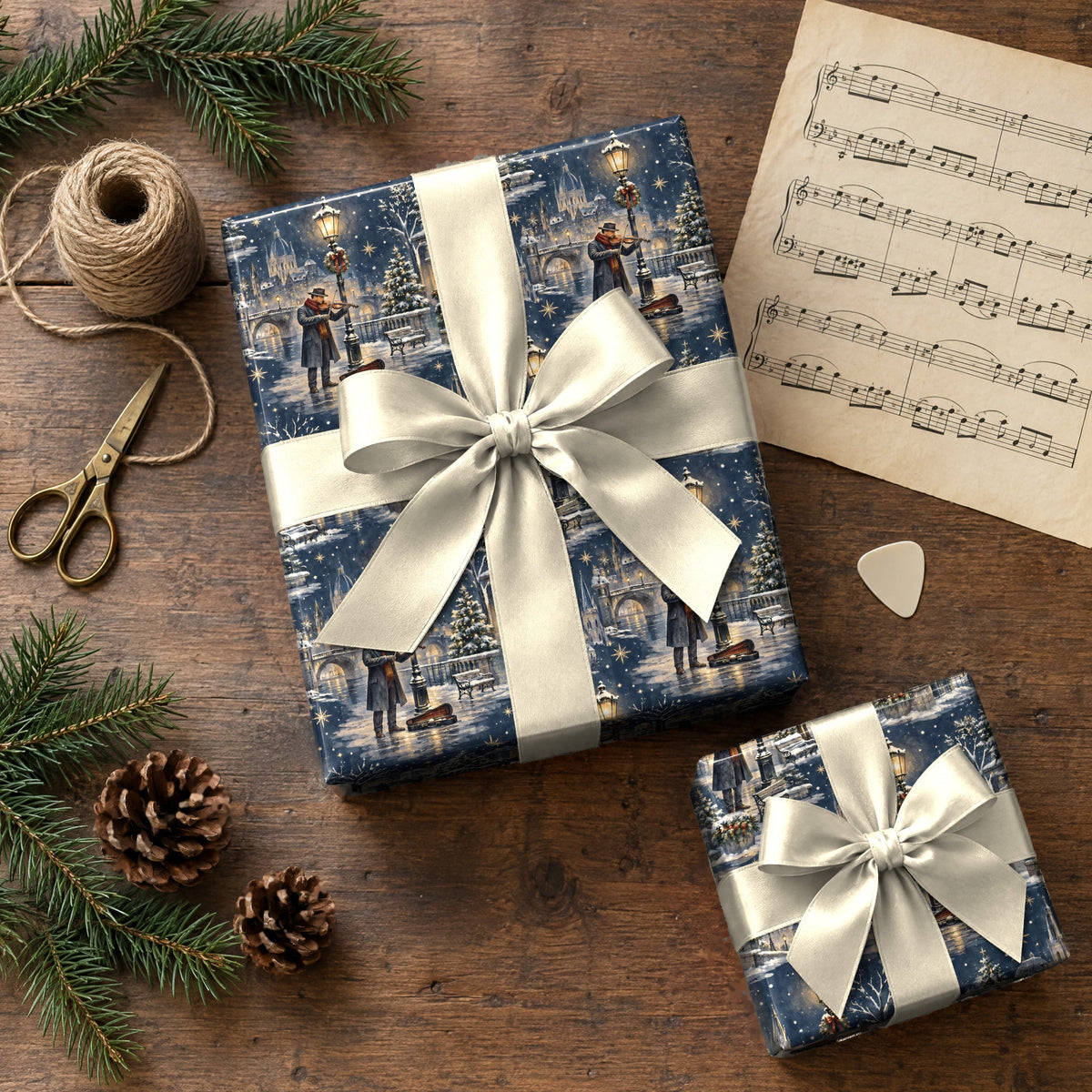 Snowy Street Musician Wrapping Paper