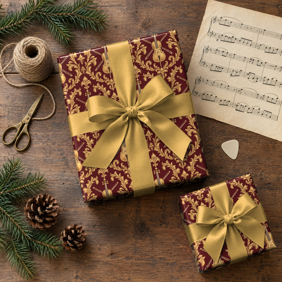 Crimson Cello Scrollwork Wrapping Paper