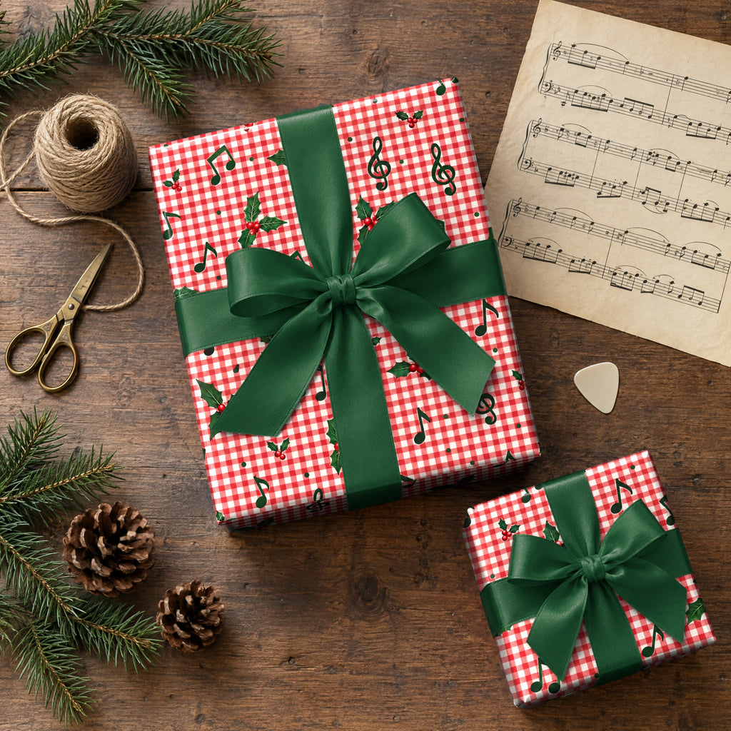 Red Gingham Music Note Wrapping Paper