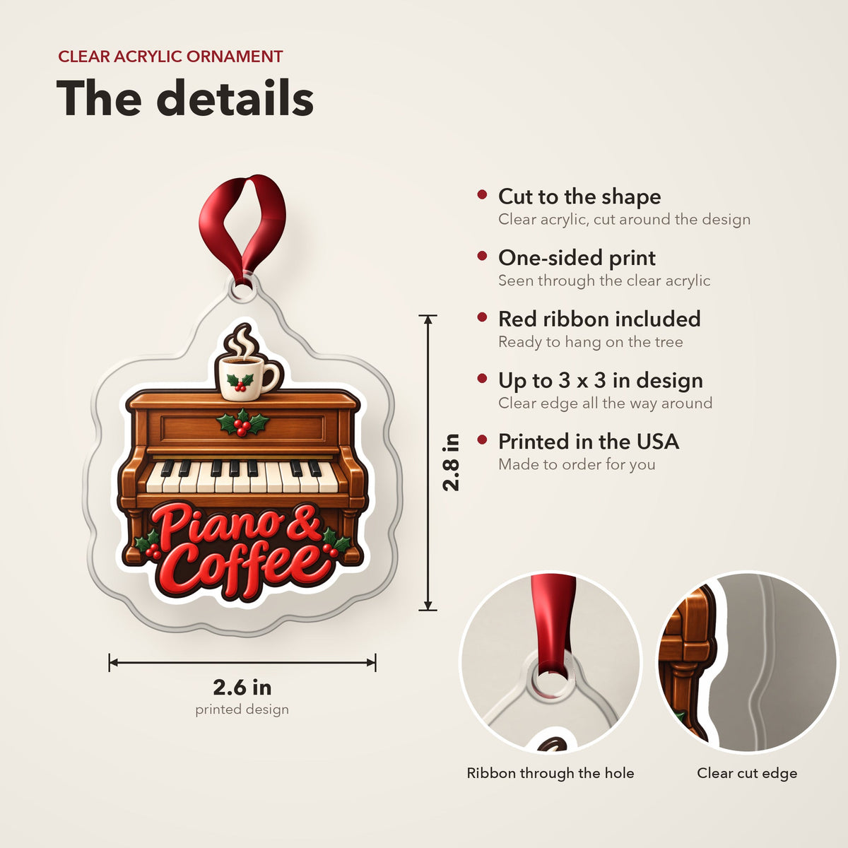 Piano & Coffee Christmas Ornament for Pianists