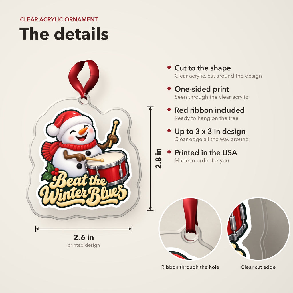 Beat the Winter Blues Snowman Drummer Christmas Ornament