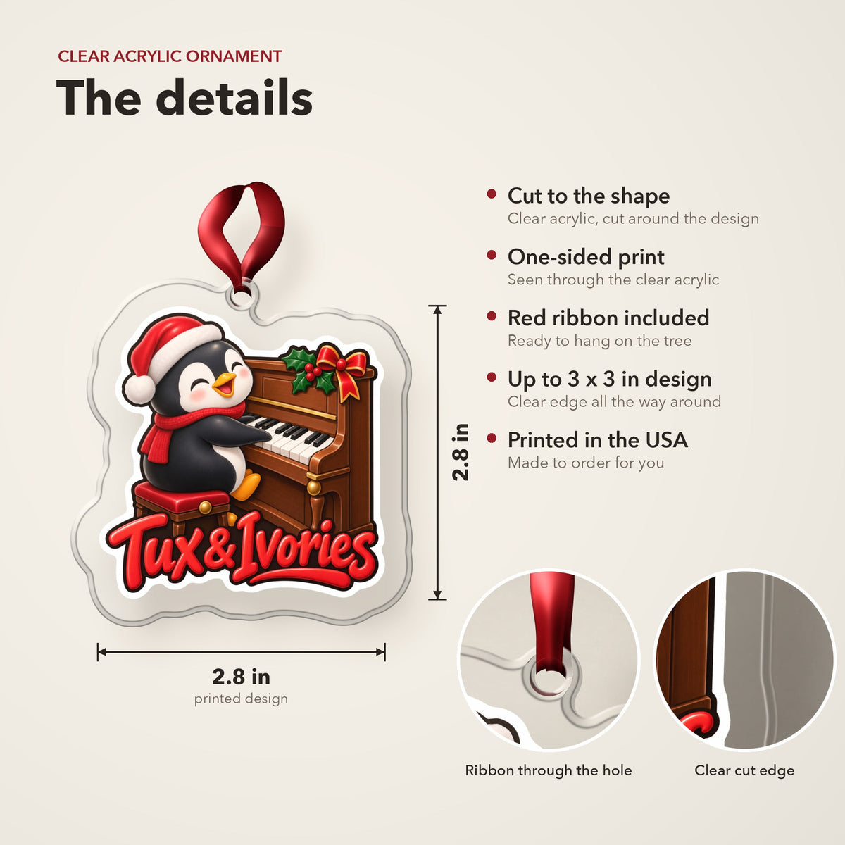 Tux & Ivories Penguin Piano Christmas Ornament