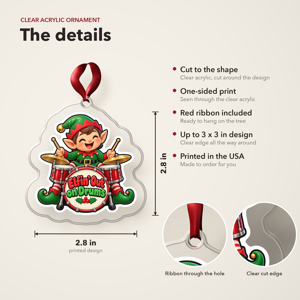 Elfin' Out on Drums Elf Drummer Christmas Ornament