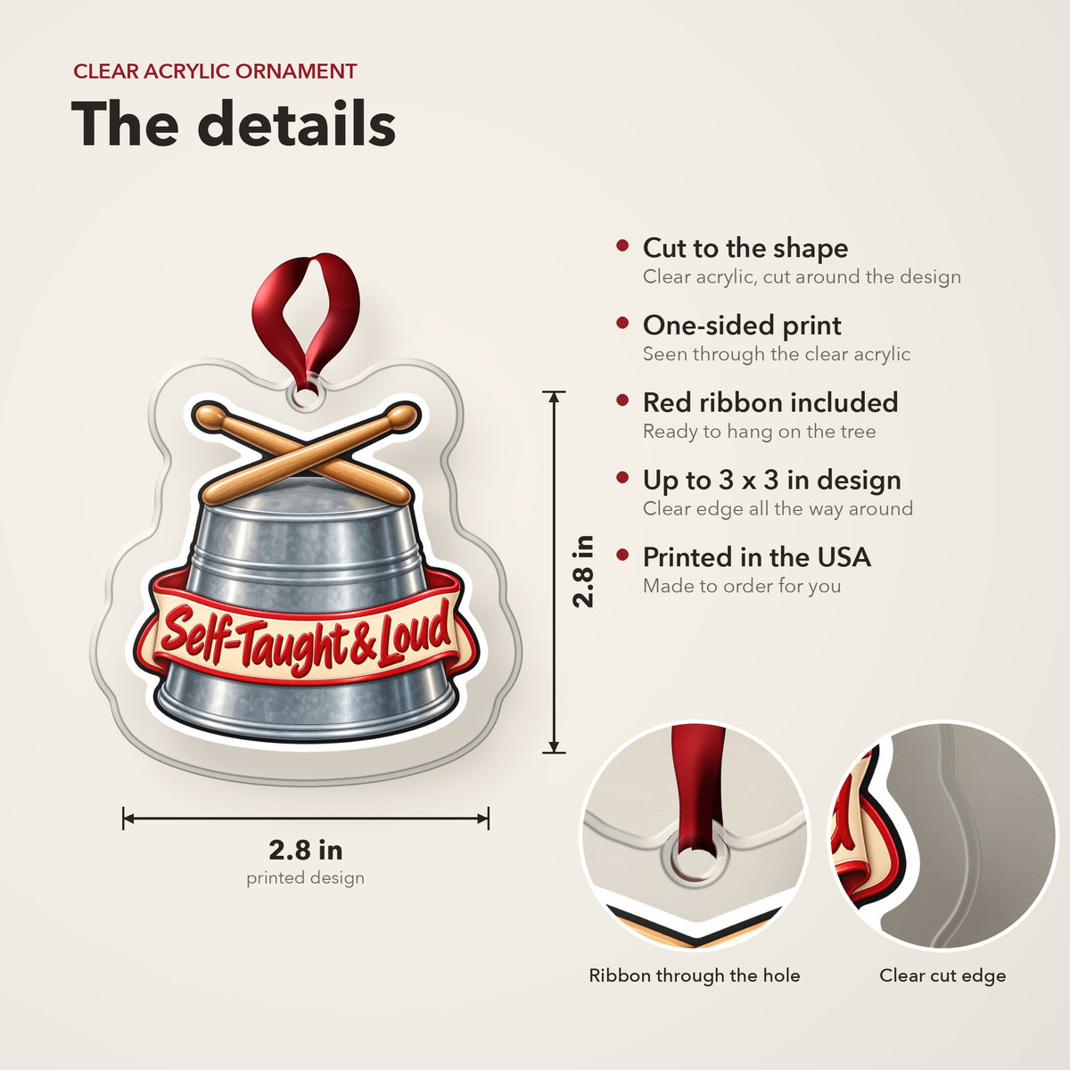 Self-Taught & Loud Bucket Drummer Christmas Ornament
