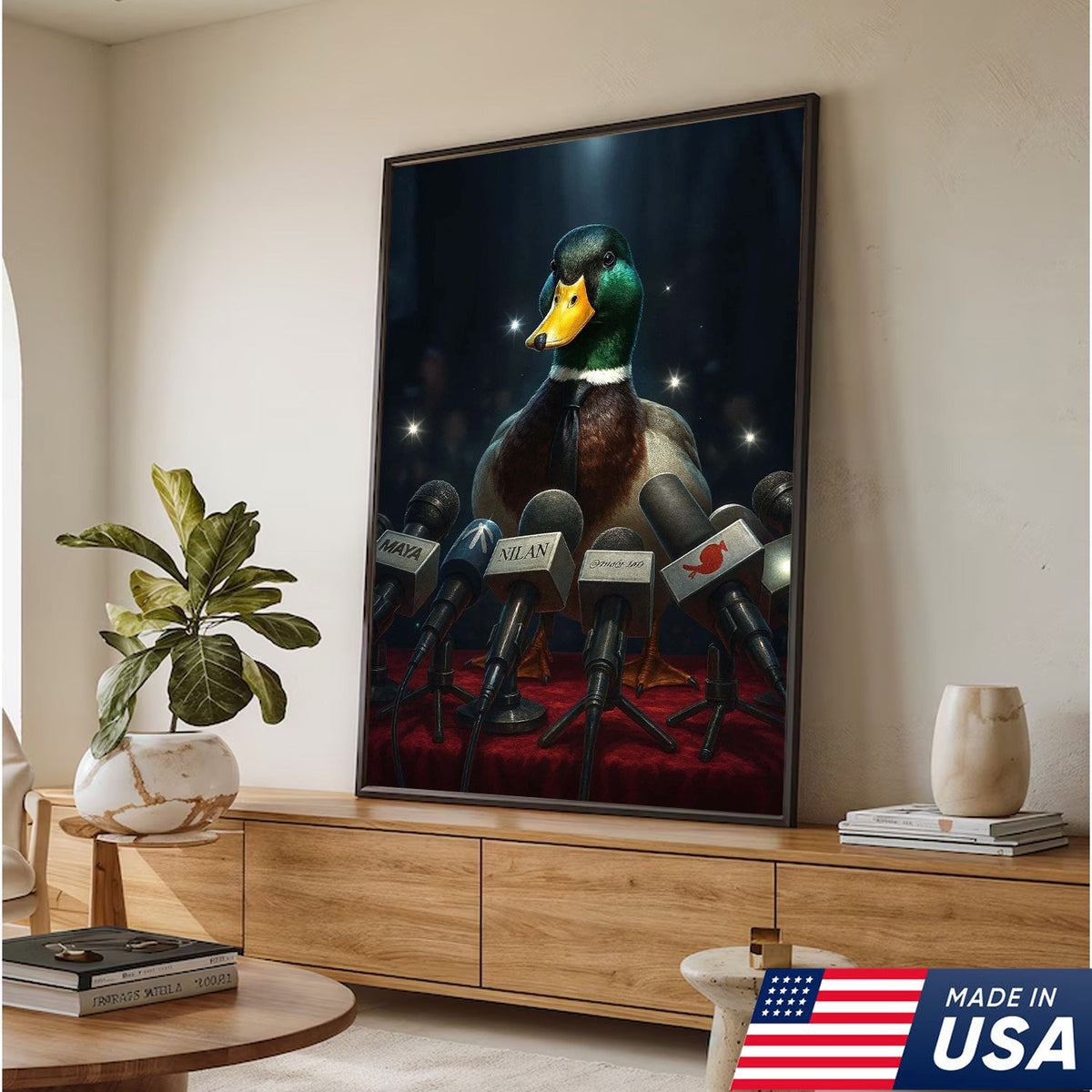 Confident Duck Press Conference Canvas Wall Art, Funny Animal Leader Humor Artwork