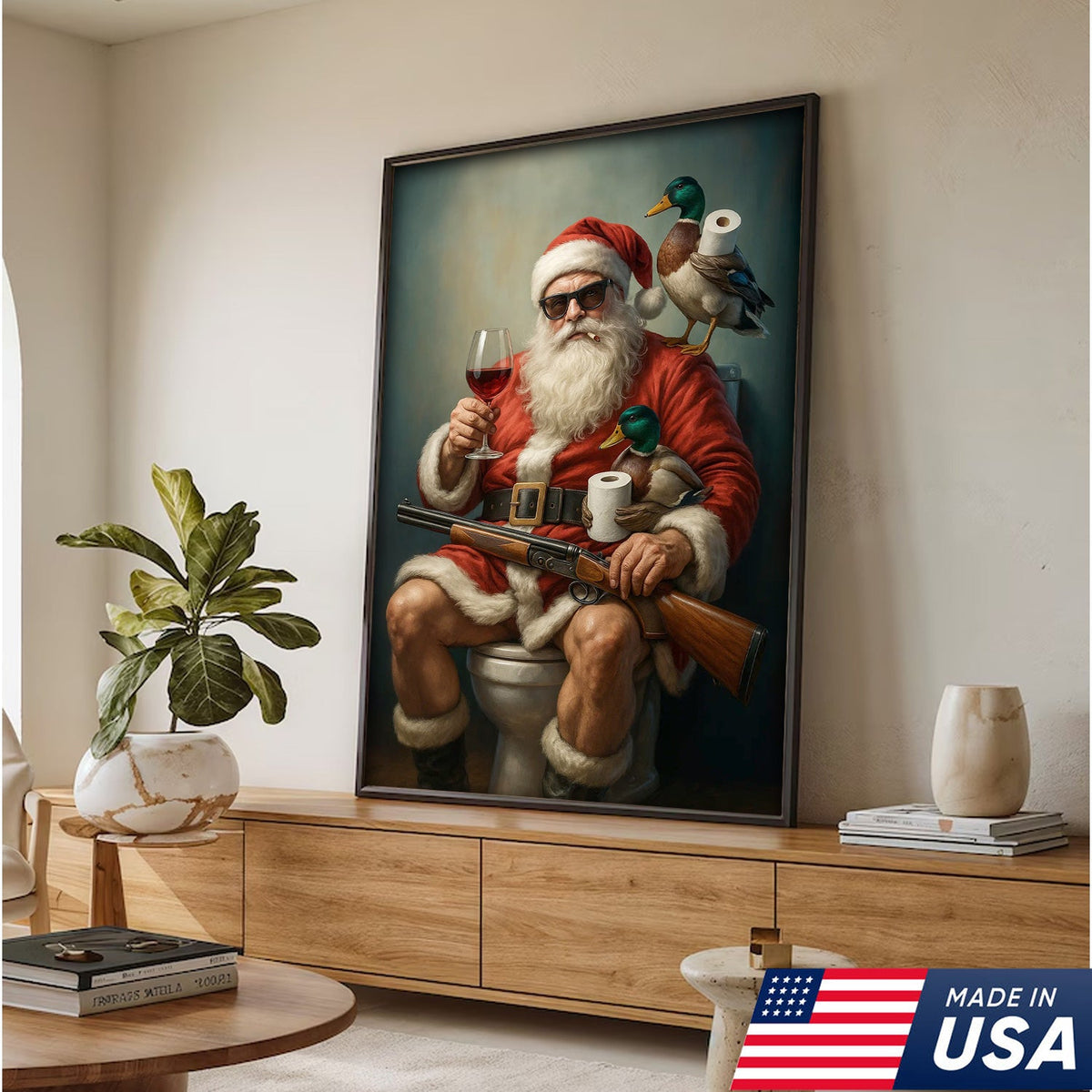 Santa Duck Hunting Christmas Canvas – Funny Holiday Wall Art for Rustic Cabin Bathroom Decor