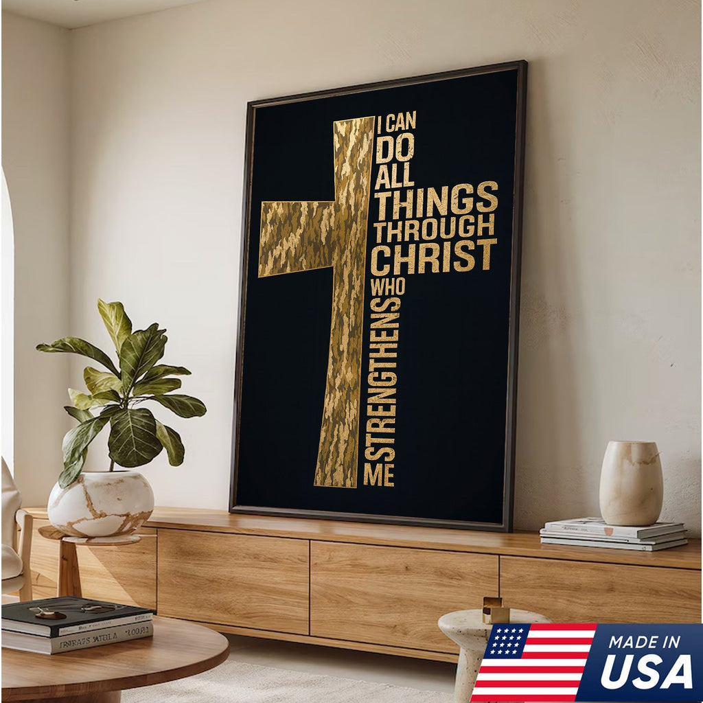 Camo Cross Christian Canvas Wall Art, Philippians 413 I Can Do All Things Through Christ Verse