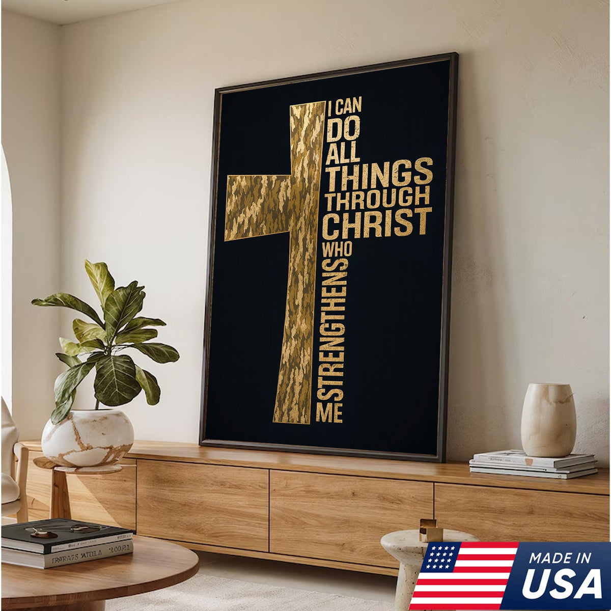 Camo Cross Christian Canvas Wall Art, Philippians 413 I Can Do All Things Through Christ Verse