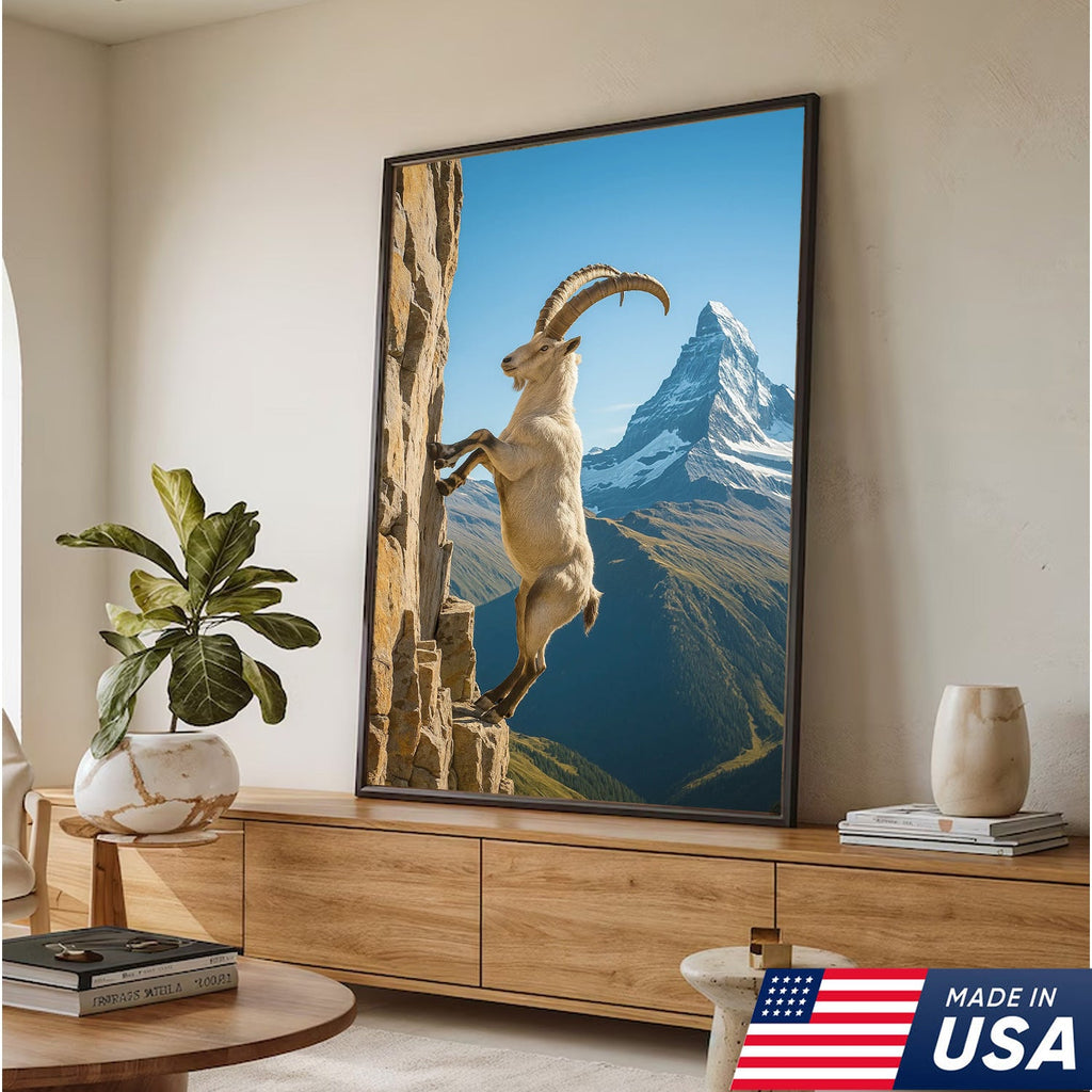 Alpine Ibex Climbing Cliff Canvas Wall Art, Matterhorn Mountain Landscape Print
