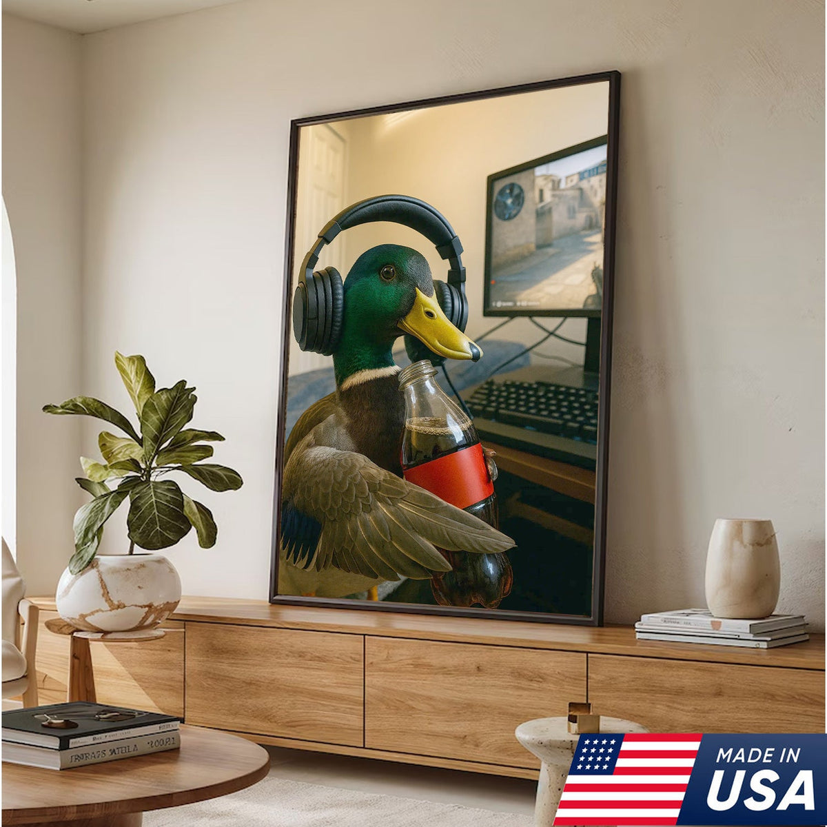 Funny Gamer Duck Canvas Wall Art, Mallard With Headphones and Soda