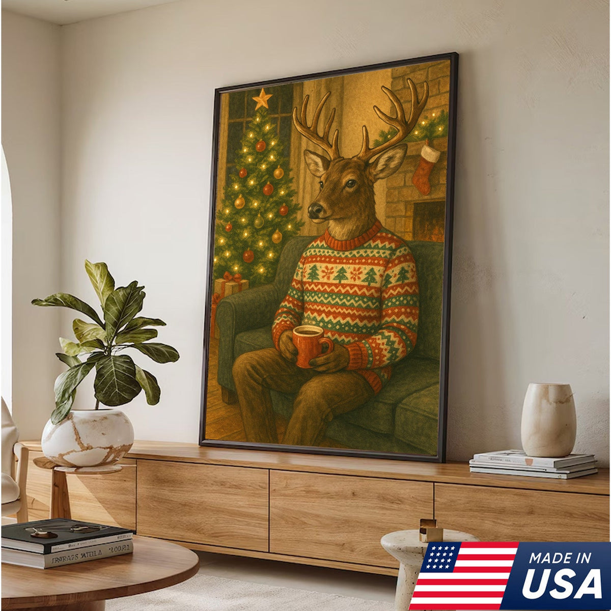 Cozy Christmas Deer Canvas Wall Art Print – Holiday Reindeer With Hot Cocoa