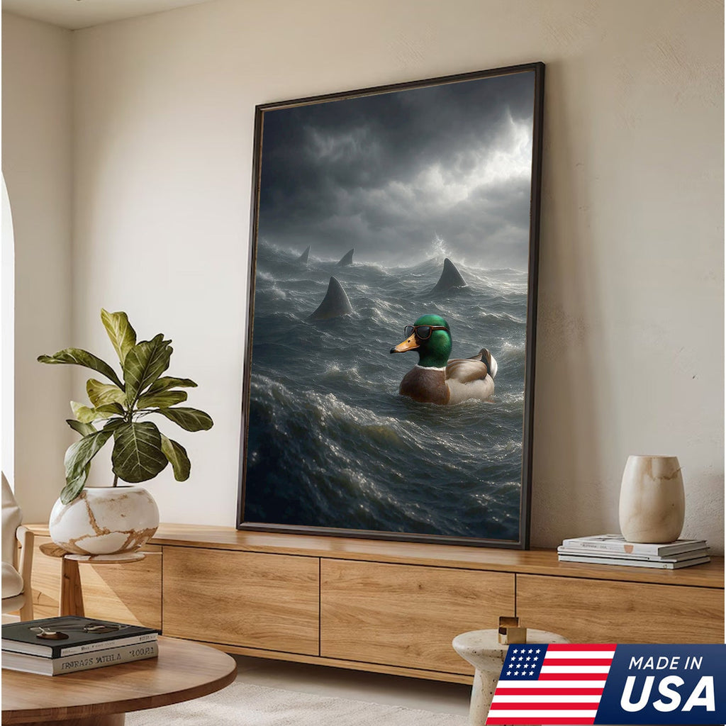 Funny Duck in Shark Infested Waters Canvas Wall Art, Cool Sunglasses Duck Ocean Storm Print