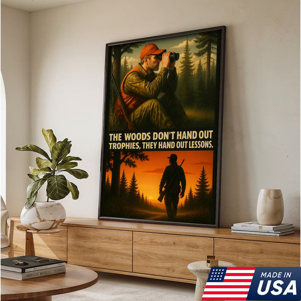 Inspirational Hunting Canvas Wall Art – Hunter in Forest with Rifle & Quote “The Woods Don’t Hand Out Trophies, They Hand Out Lessons”
