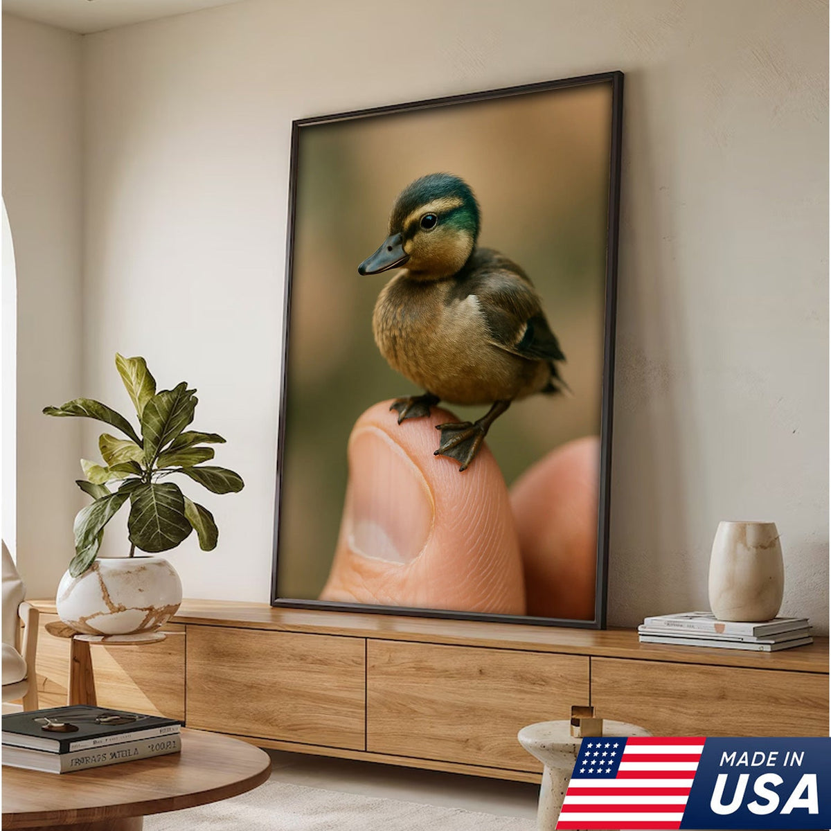 Cute Baby Duck Canvas Wall Art - Adorable Duckling Perched on Finger