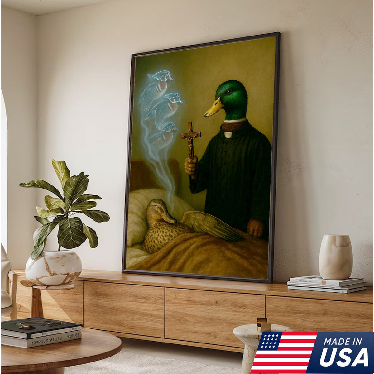 Priest Duck Canvas Wall Art, Surreal Animal Artwork, Funny Dark Humor Painting, Unique Gift for Hunters or Art Collectors