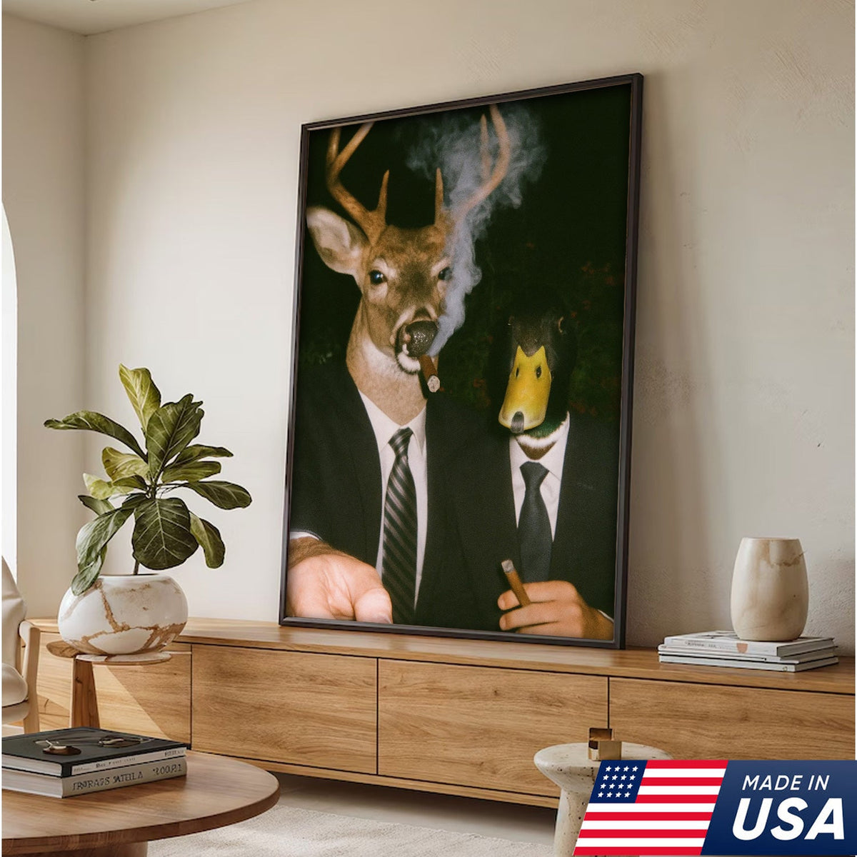 Funny Deer and Duck Canvas Wall Art - Hilarious Animal Duo in Suits