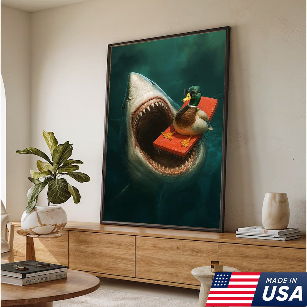Funny Duck Shark Canvas Wall Art, Fearless Sunglasses Duck Floating Above Shark Jaws Print