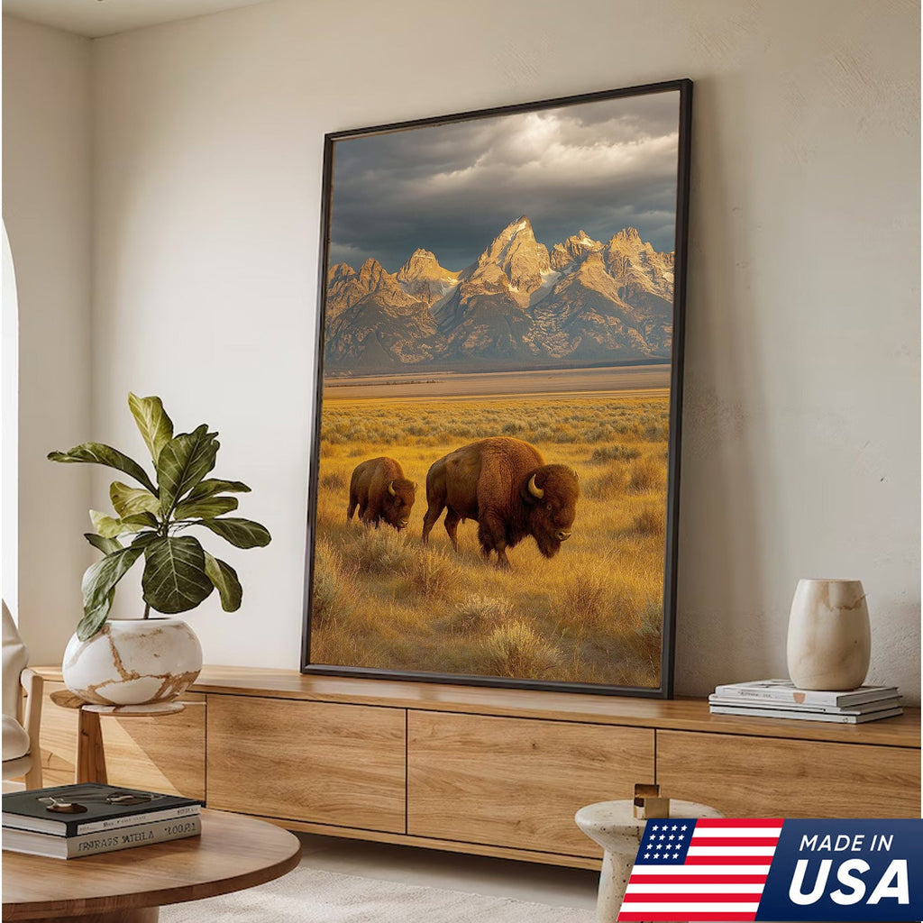 Buffalo Bison Canvas Wall Art, Grand Teton Mountain Landscape Print