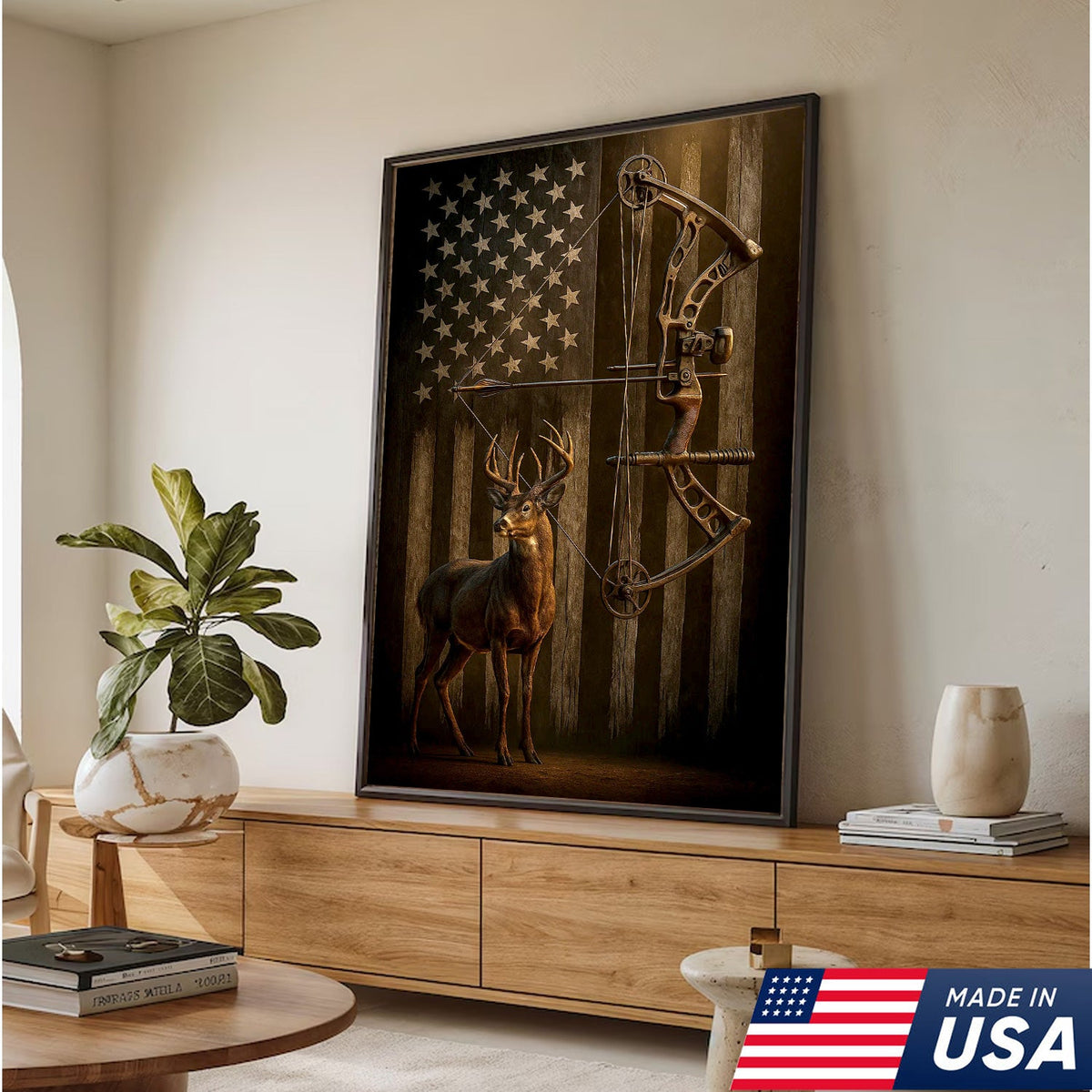 Deer and Bow American Flag Canvas Wall Art — Patriotic Hunting Decor Featuring Buck and Compound Bow