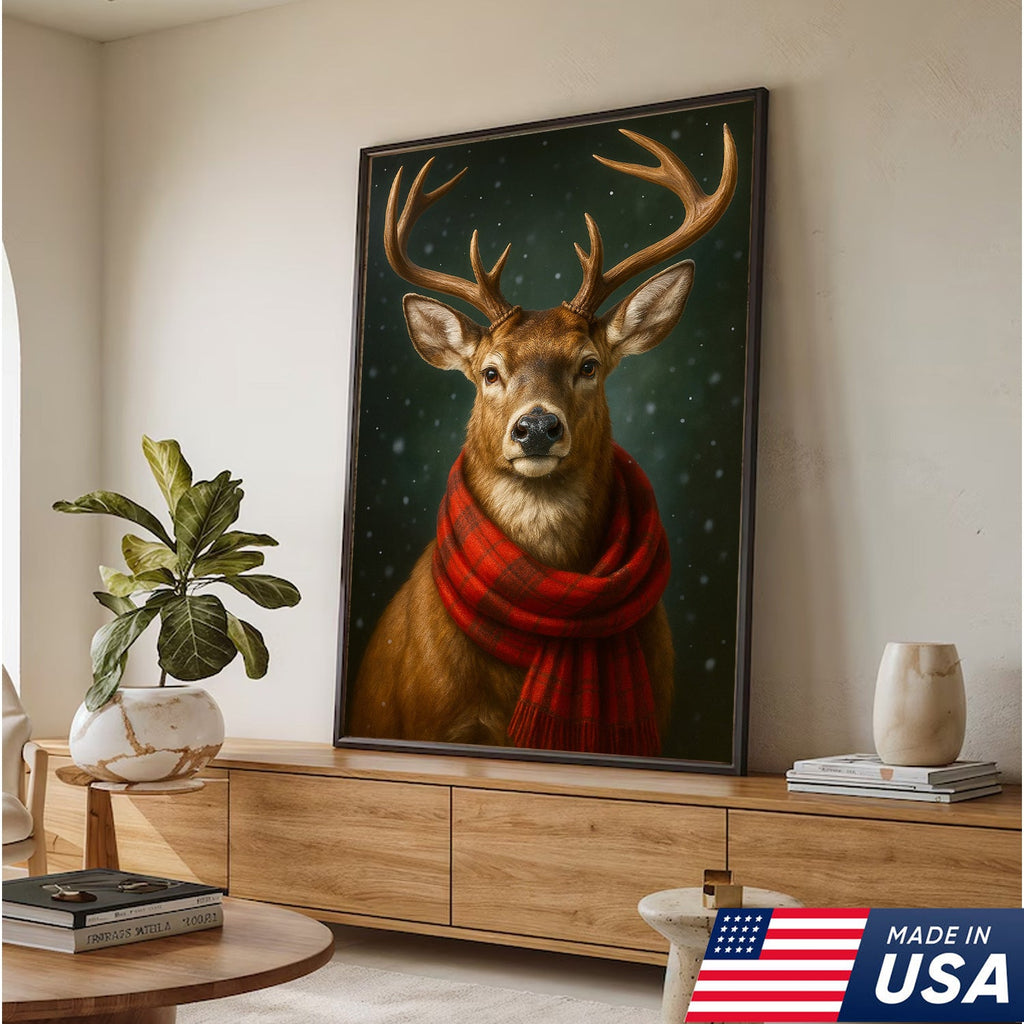 Winter Buck in Red Scarf – Christmas Cabin Wall Art, Rustic Christmas Decor