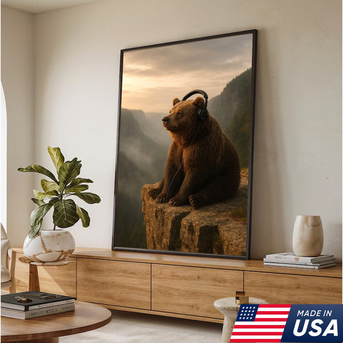 Funny Bear Wall Art, Chill Bear Canvas, Bear with Headphones Art