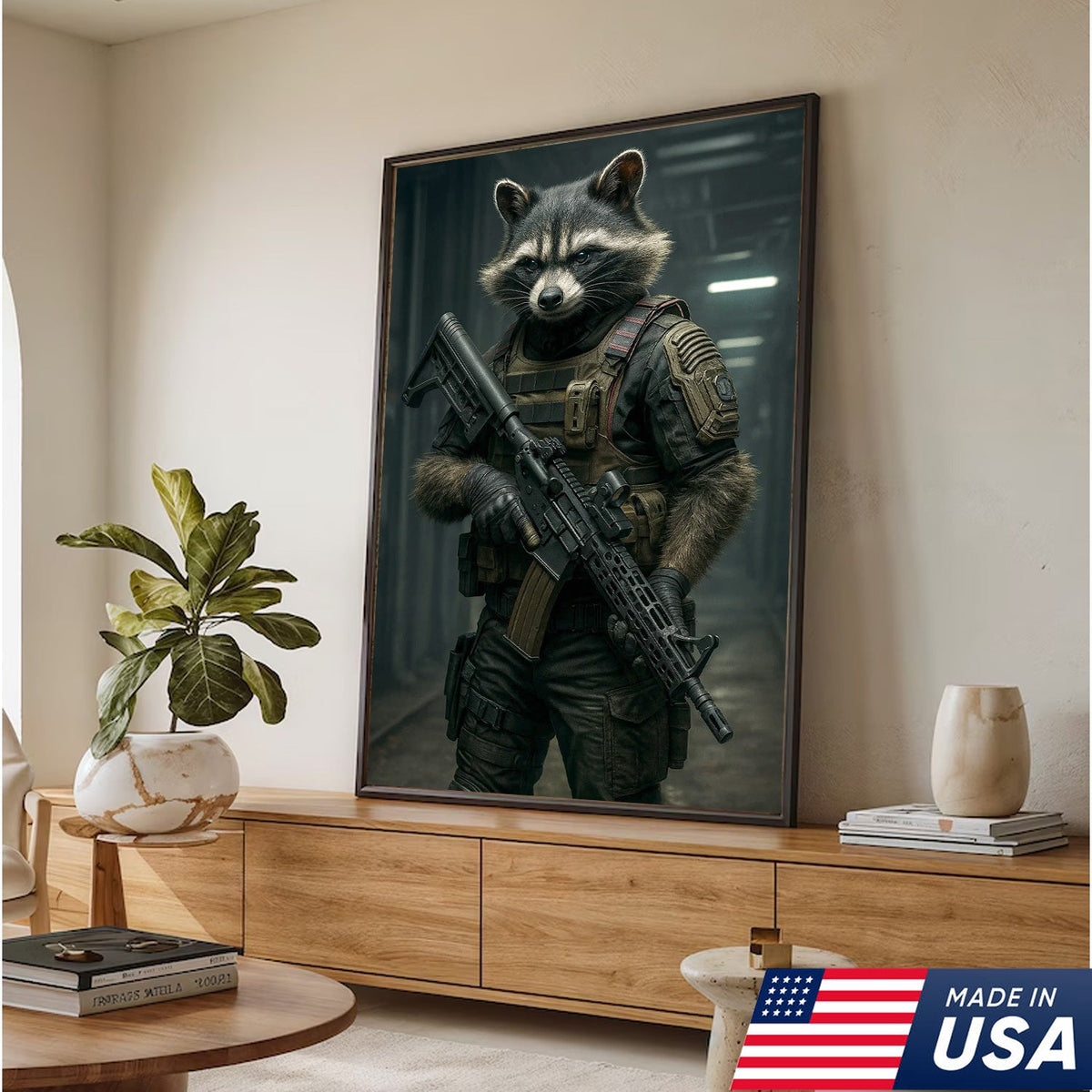 Tactical Raccoon Canvas Art – Elite Armored Trash Panda Warrior