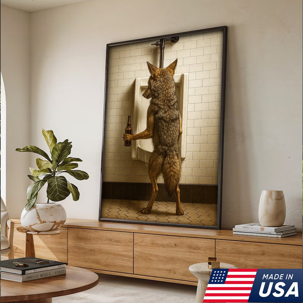 Hilarious Coyote Canvas Wall Art – Funny Bathroom Humor Decor – Rustic Hunting Cabin Gag Gift