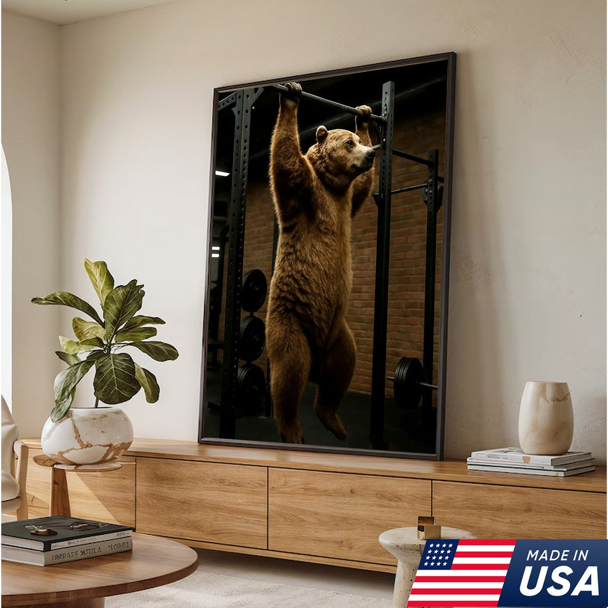 Gym Bear Canvas Wall Art, Funny Workout Animal Art, Fitness Motivation Decor