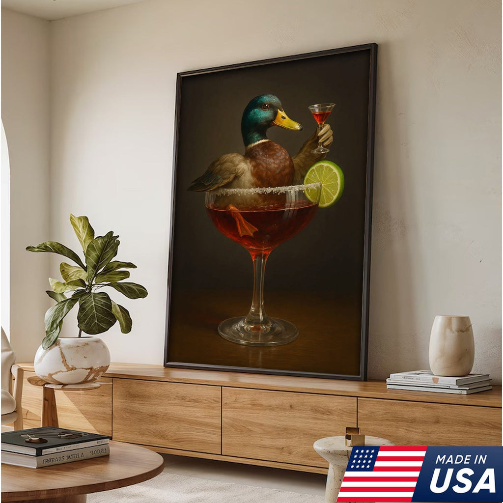 Funny Mallard Duck Canvas Wall Art - Quirky Animal in Cocktail Glass Design