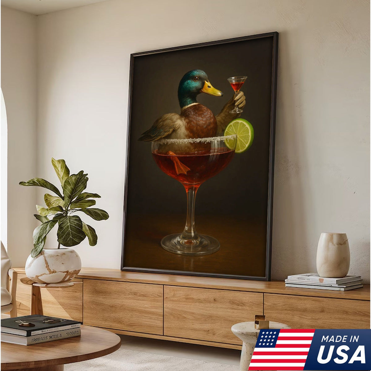 Funny Mallard Duck Canvas Wall Art - Quirky Animal in Cocktail Glass Design