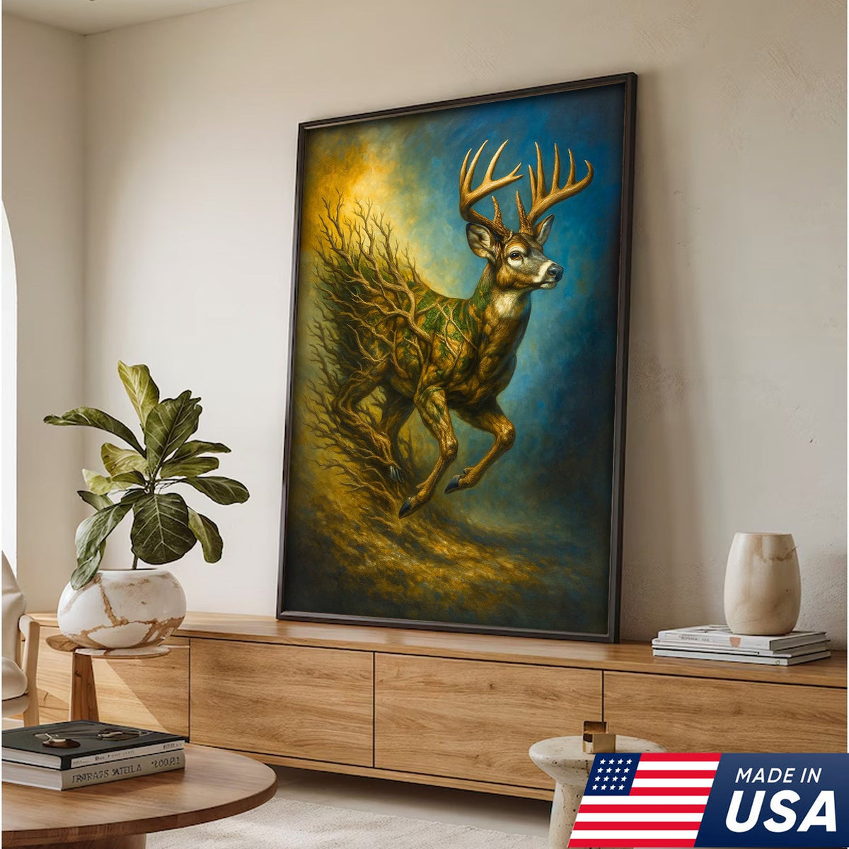 Majestic Deer Canvas Wall Art – Surreal Wildlife Nature Scene – Rustic Lodge and Cabin Decor