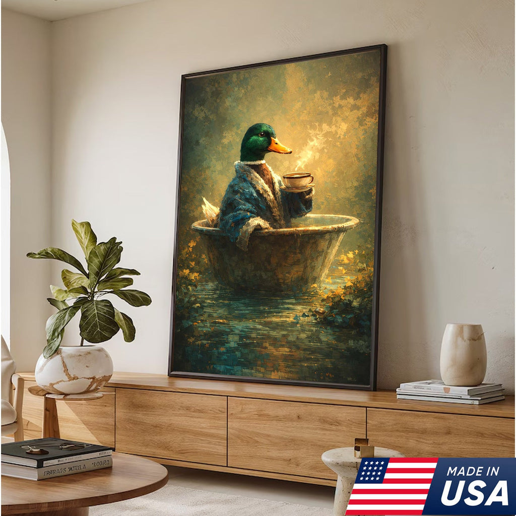 Whimsical Duck Coffee Bath Canvas Wall Art, Cozy Animal Painting