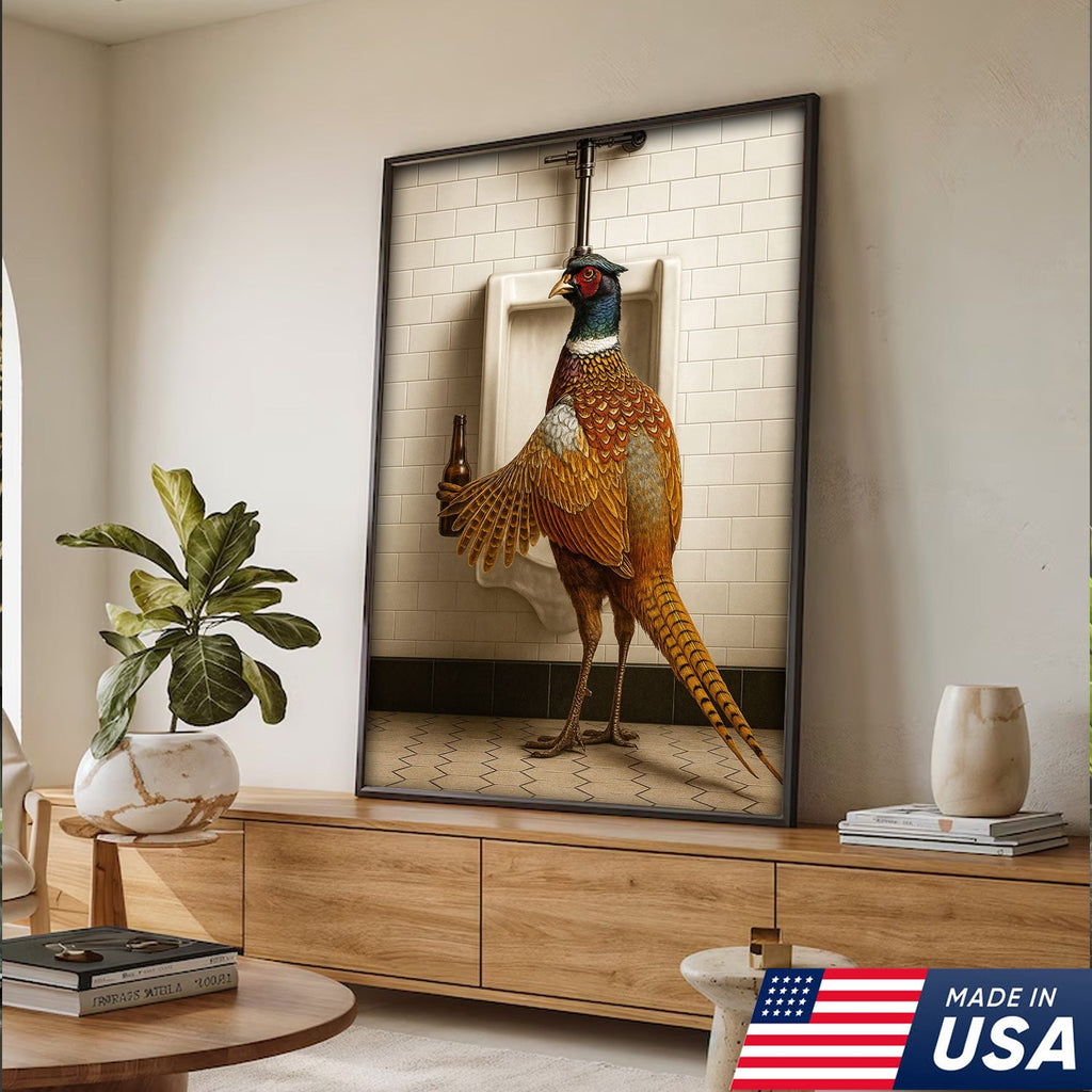 Funny Pheasant Canvas Wall Art – Hilarious Bathroom Humor Decor – Rustic Hunting Cabin Gag Gift