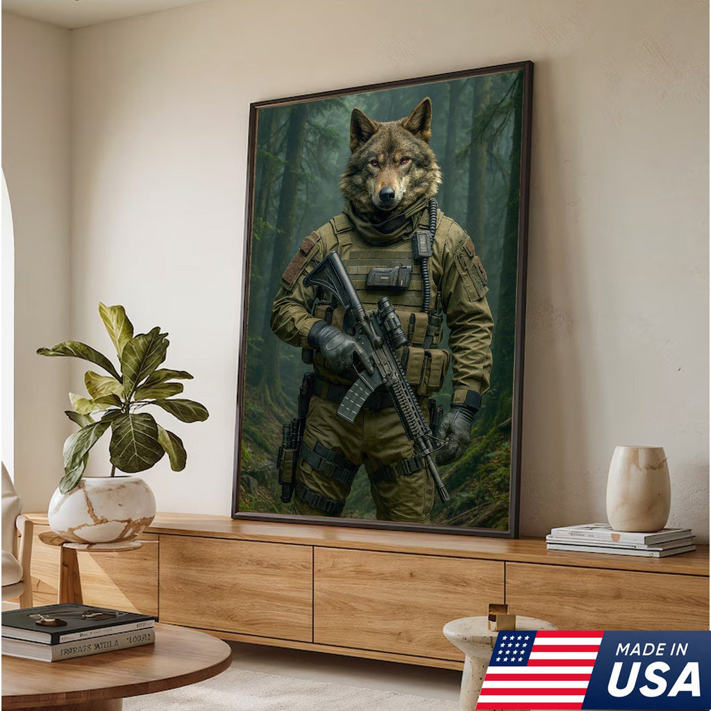 Tactical Wolf Canvas Art – Elite Armored Wolf Warrior in Forest