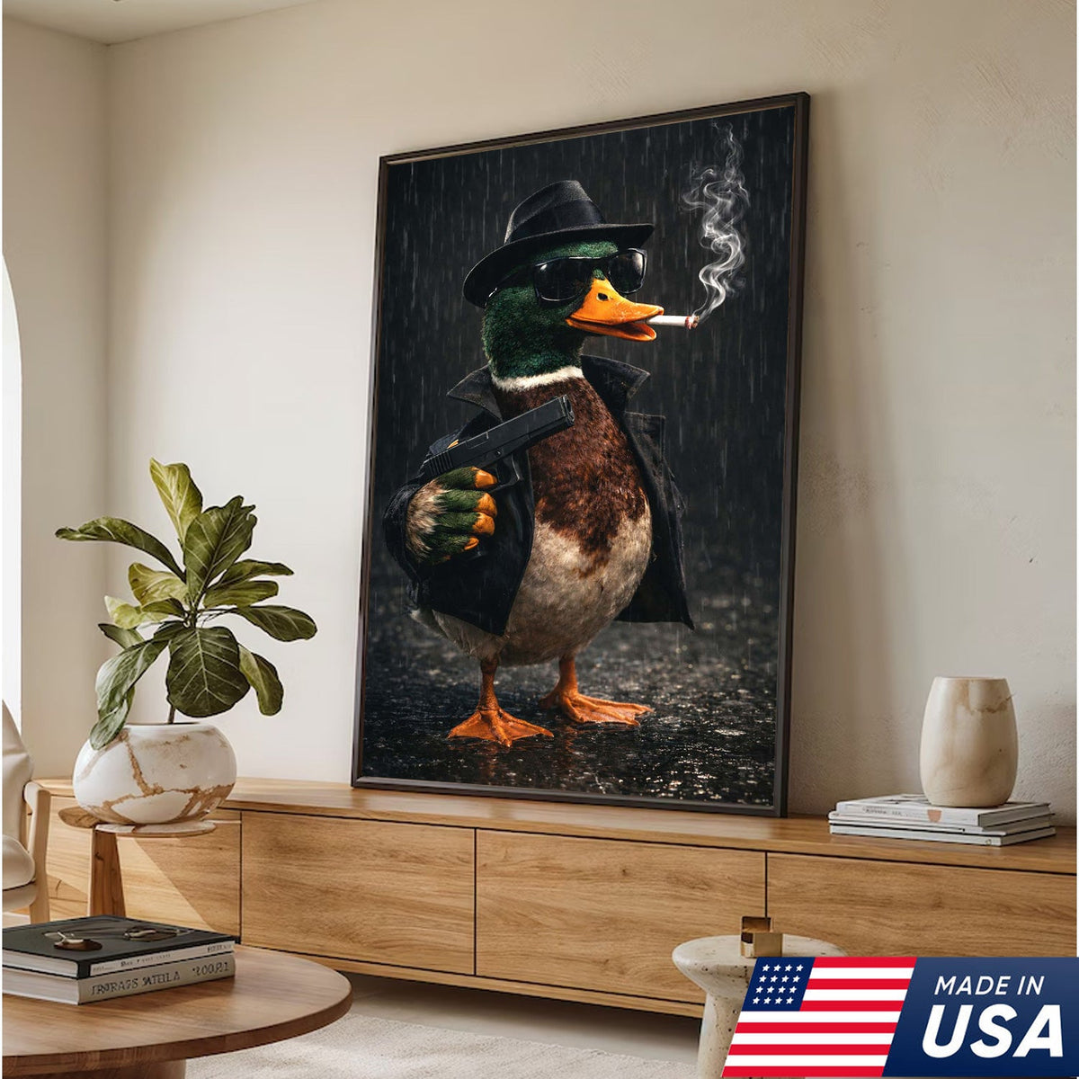 Noir Gangster Duck Canvas Wall Art, Dark Cinematic Animal Illustration