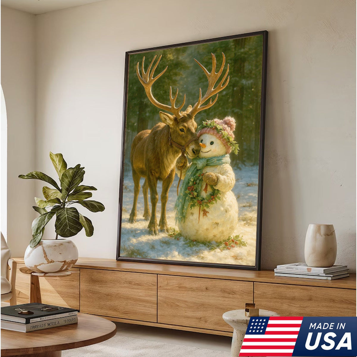 Reindeer and Snowman Friends Christmas Canvas Wall Art, Whimsical Winter Forest Holiday Print