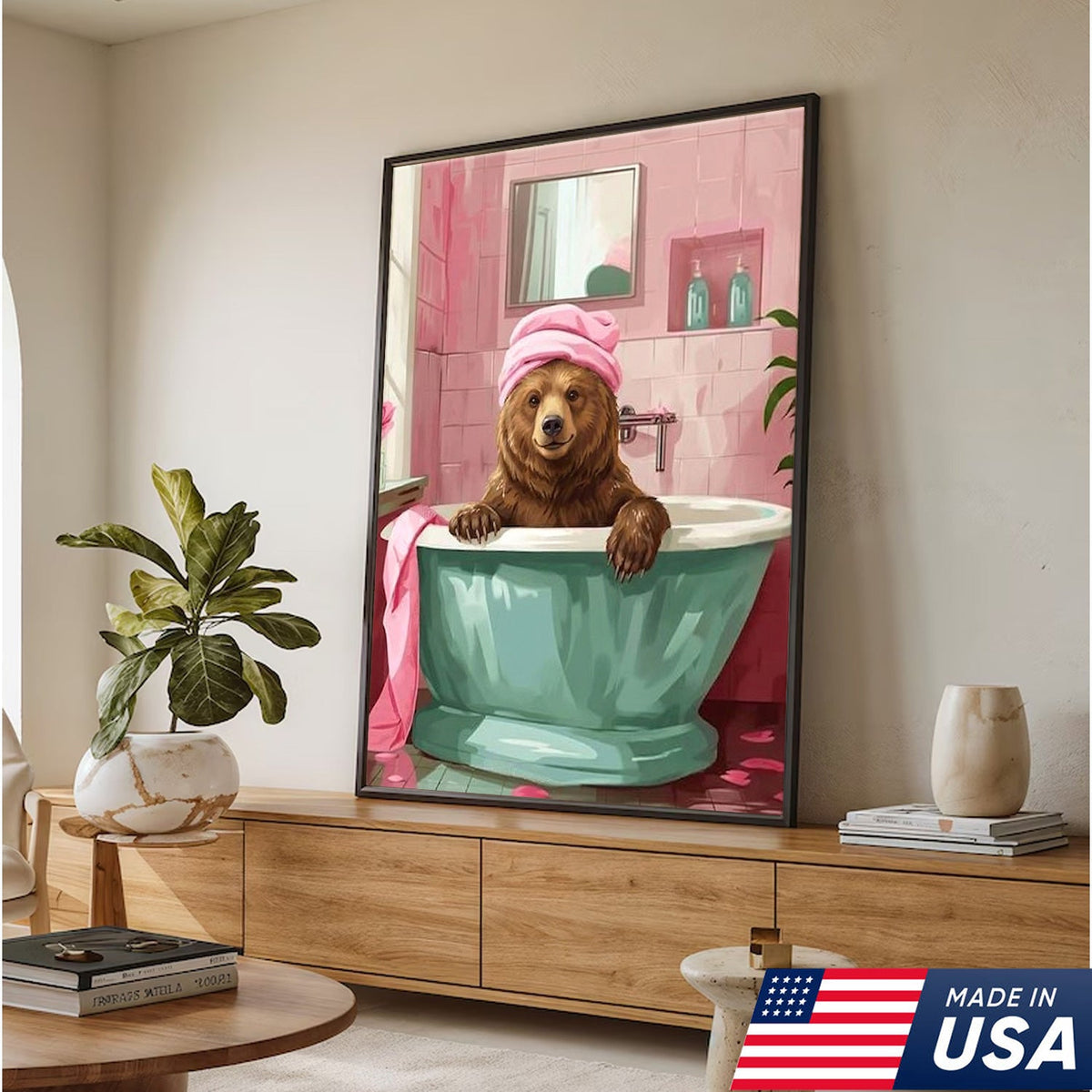 Funny Bear Bathroom Wall Art, Cute Bath Bear Canvas, Pink Bathroom Decor