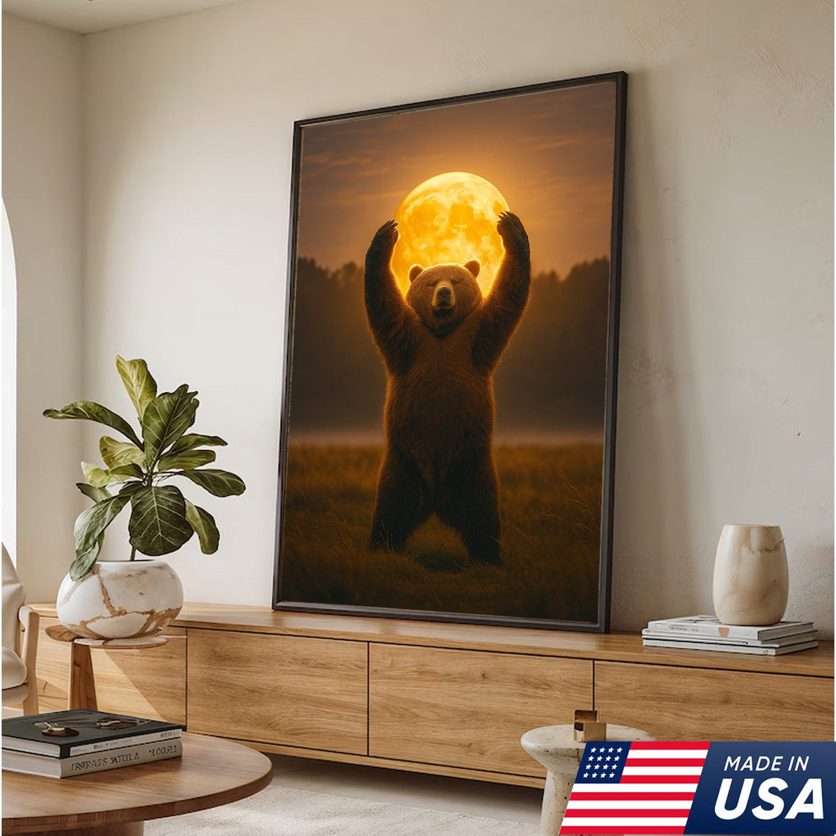 Bear Holding the Full Moon Wall Art Canvas – Mystical Wildlife Decor for Cabin & Nature Lovers